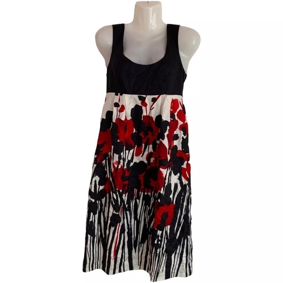 Kensie Silk Floral Sleepless Lined Midi Dress Black Red Office Cocktail Size M - Picture 1 of 11
